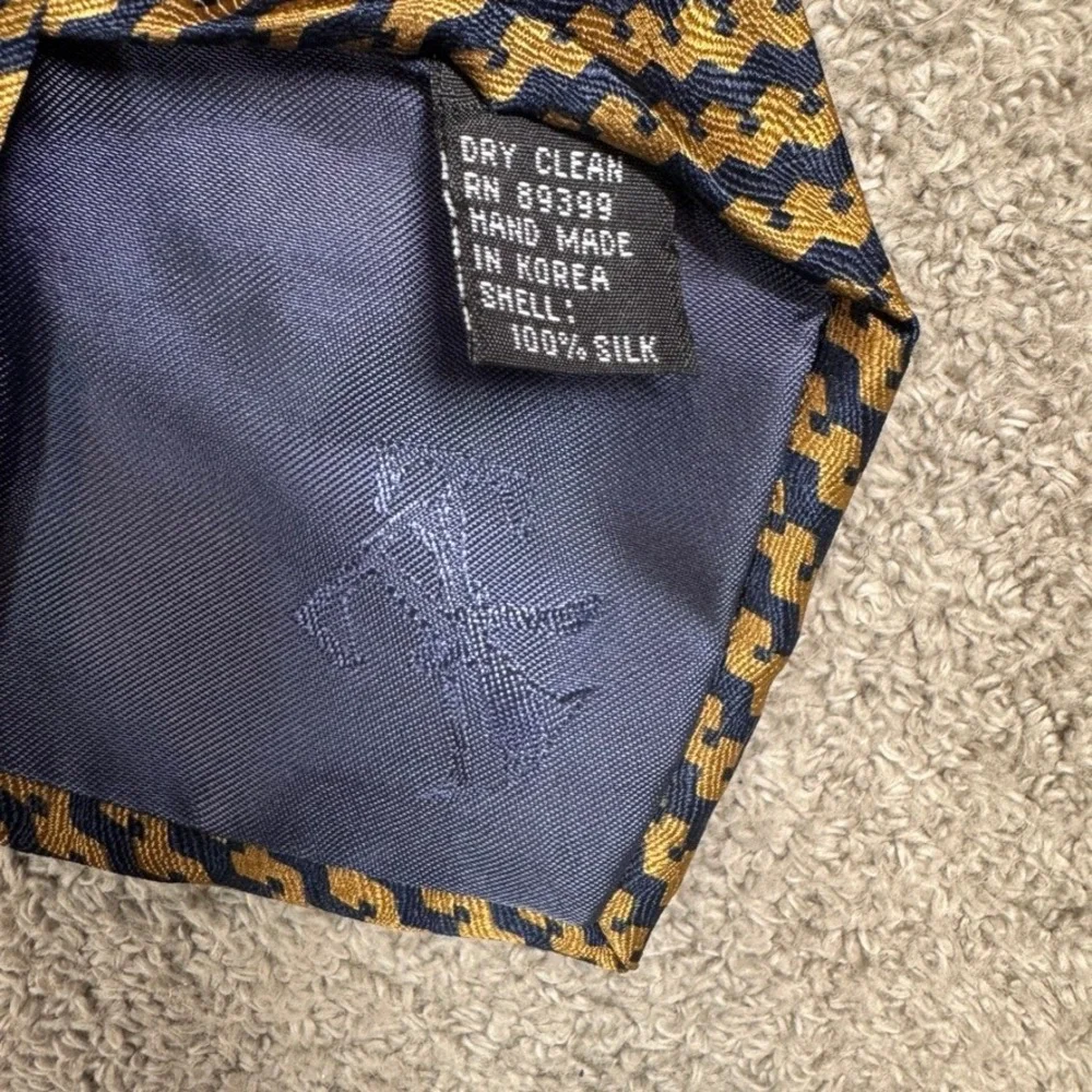 Tied & True Mens Silk Tie Navy Blue Gold Geometric Zig Zag Pattern Handmade